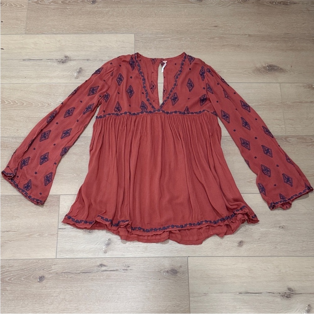 Free People Rust Boho Tunic with Navy Embroidery